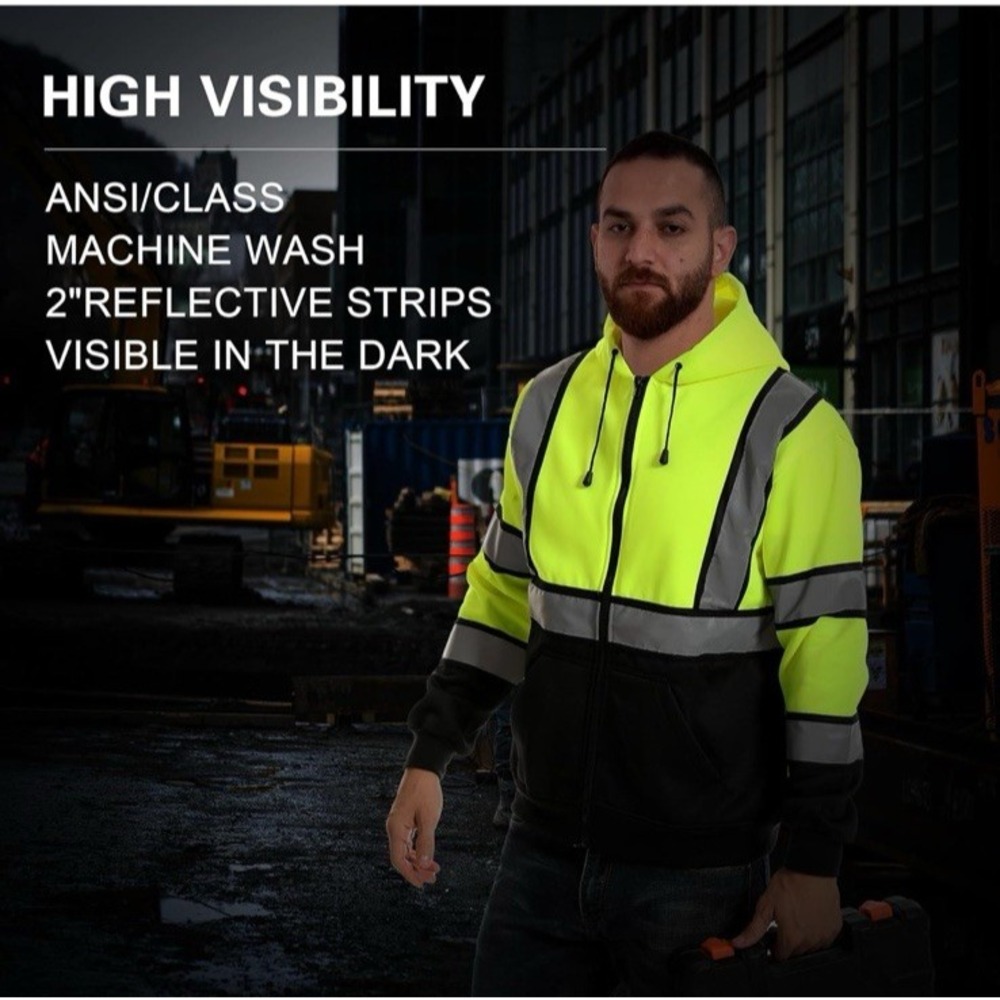 HIGH VISI CLASS 3 REFLECTIVE HOODED ZIP UP SAFETY FLEECE SWEATSHIRT HOODIE 4XL - Picture 5 of 8